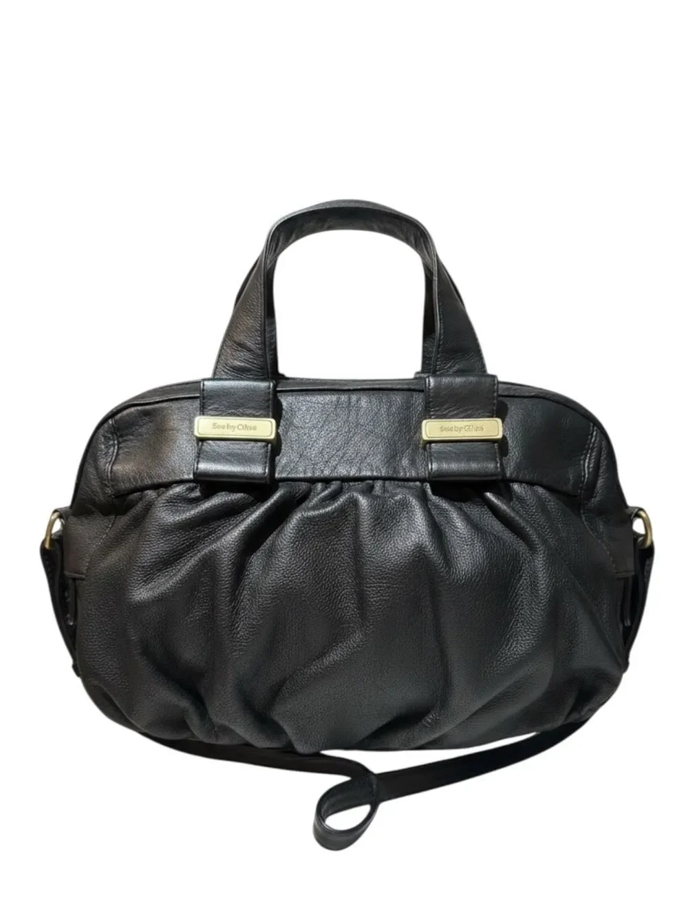 See by Chloe Black Leather Pleated Top Handle Bowler Boston 2way Satchel Auth